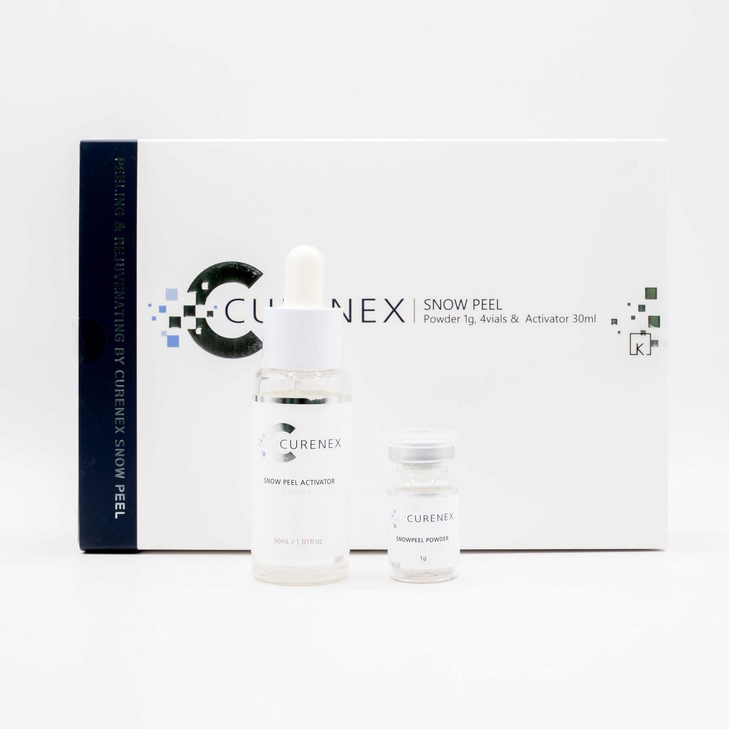 Curenex Snow Peel exfoliating treatment kit with Salmon DNA powder and activator bottle on white background