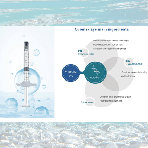 Curenex Eye PN syringe with Salmon DNA, hyaluronic acid, and lidocaine for advanced eye rejuvenation and hydration treatment.