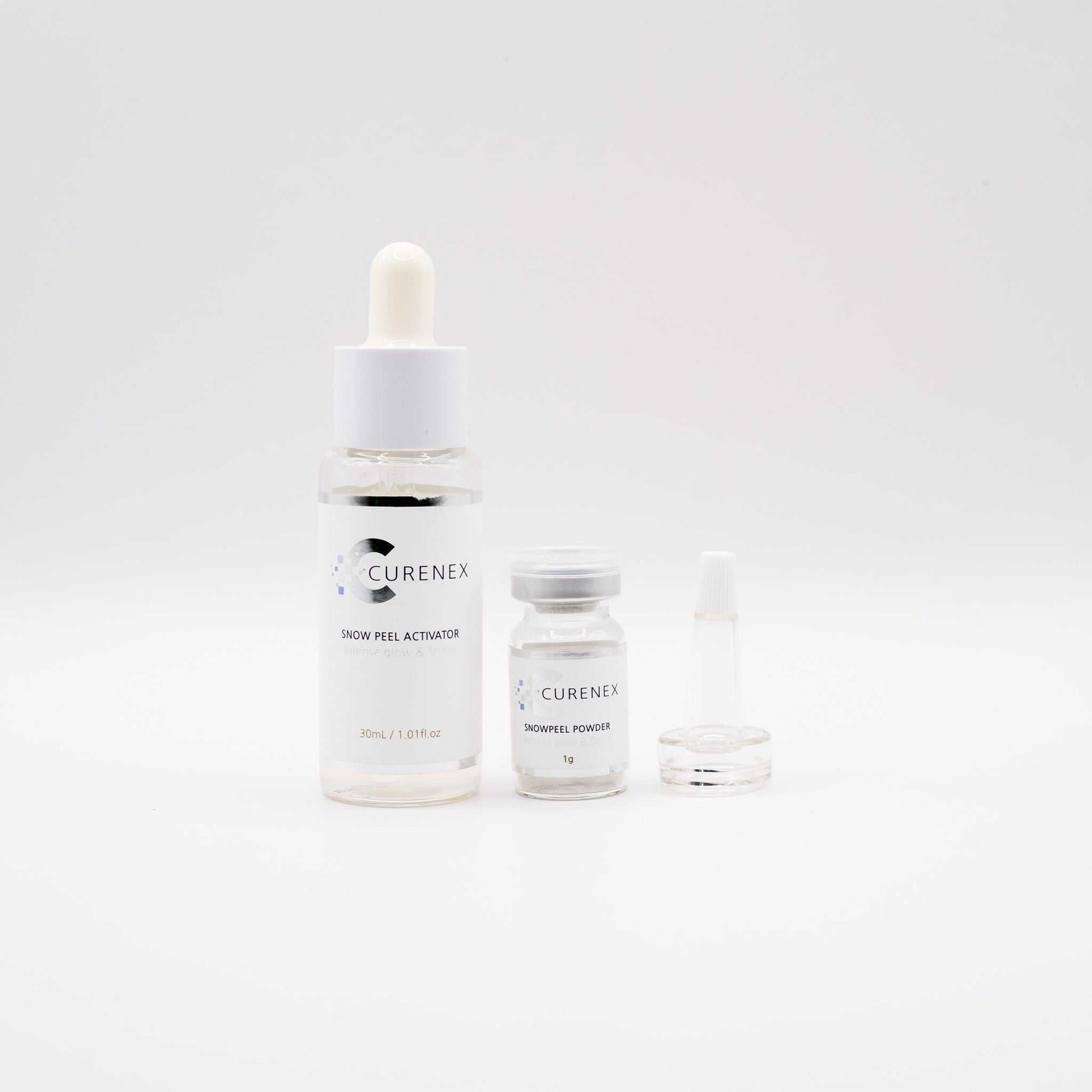 Curenex Snow Peel exfoliating treatment kit with activator bottle and powder vial for skin rejuvenation