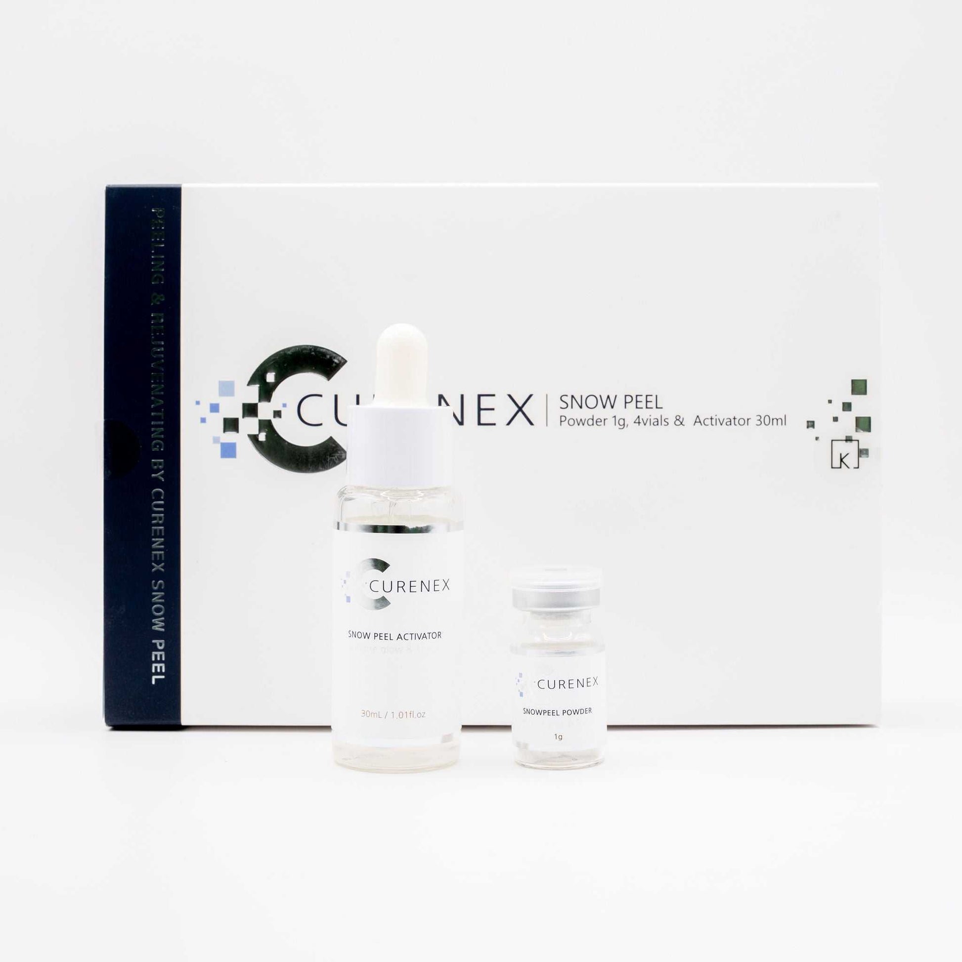 Curenex Snow Peel exfoliating treatment kit with Salmon DNA powder and activator bottle on white background