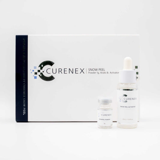 Curenex Snow Peel exfoliating treatment kit with powder vials and activator bottle for radiant skin