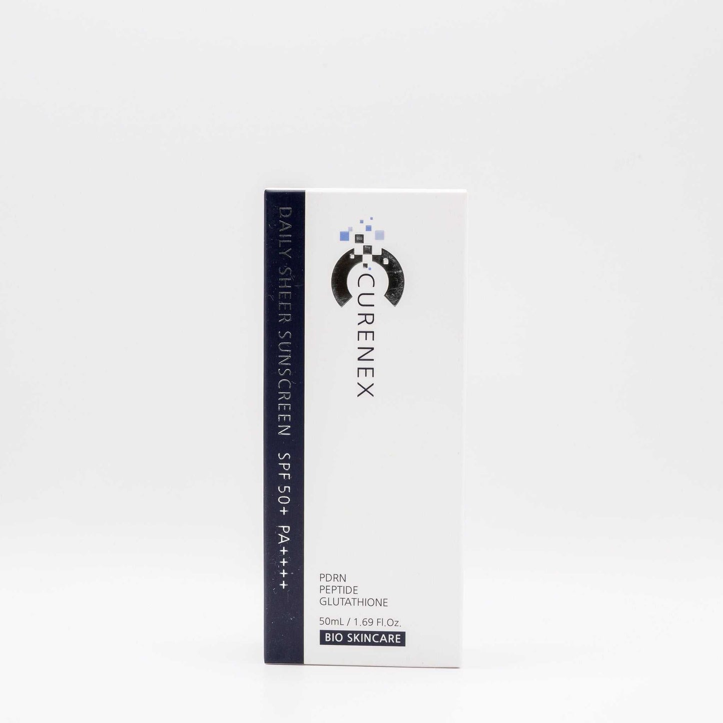 Curenex Salmon DNA daily sheer sunscreen SPF 50+ bio skincare product box on white background