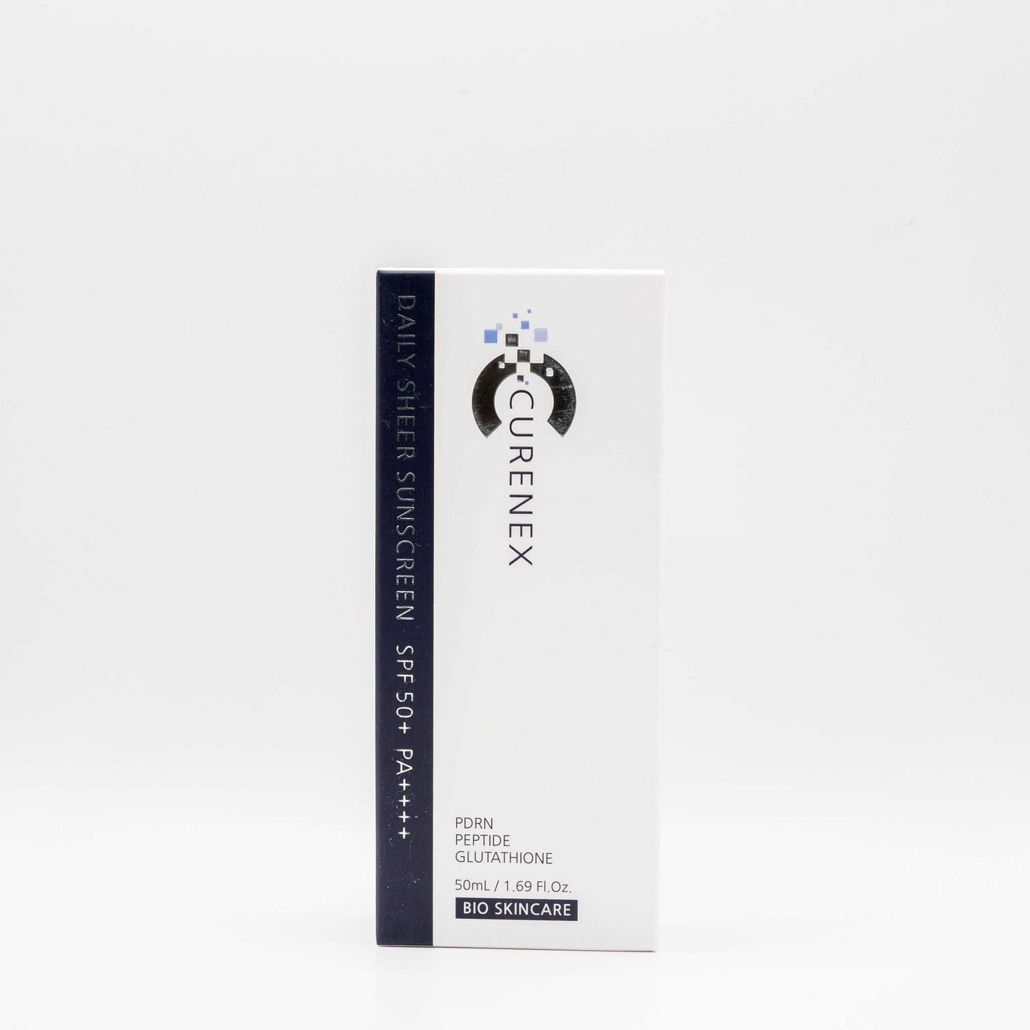 Curenex Salmon DNA Sheer Sunscreen SPF50+ in white packaging for lightweight daily UV protection and skin hydration