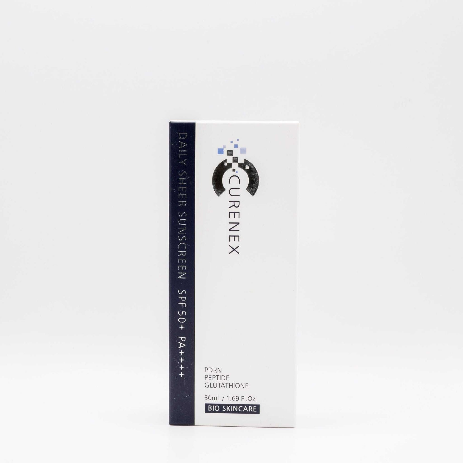 Curenex Salmon DNA Sheer Sunscreen SPF50+ in white packaging for lightweight daily UV protection and skin hydration