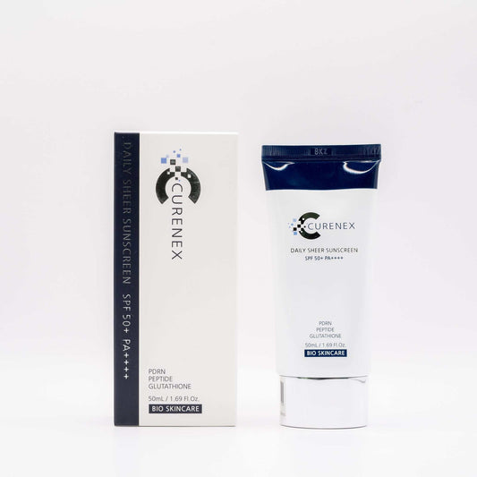 Curenex Salmon DNA Sheer Sunscreen SPF50+ in white tube and box with blue accents for daily UV protection and hydration