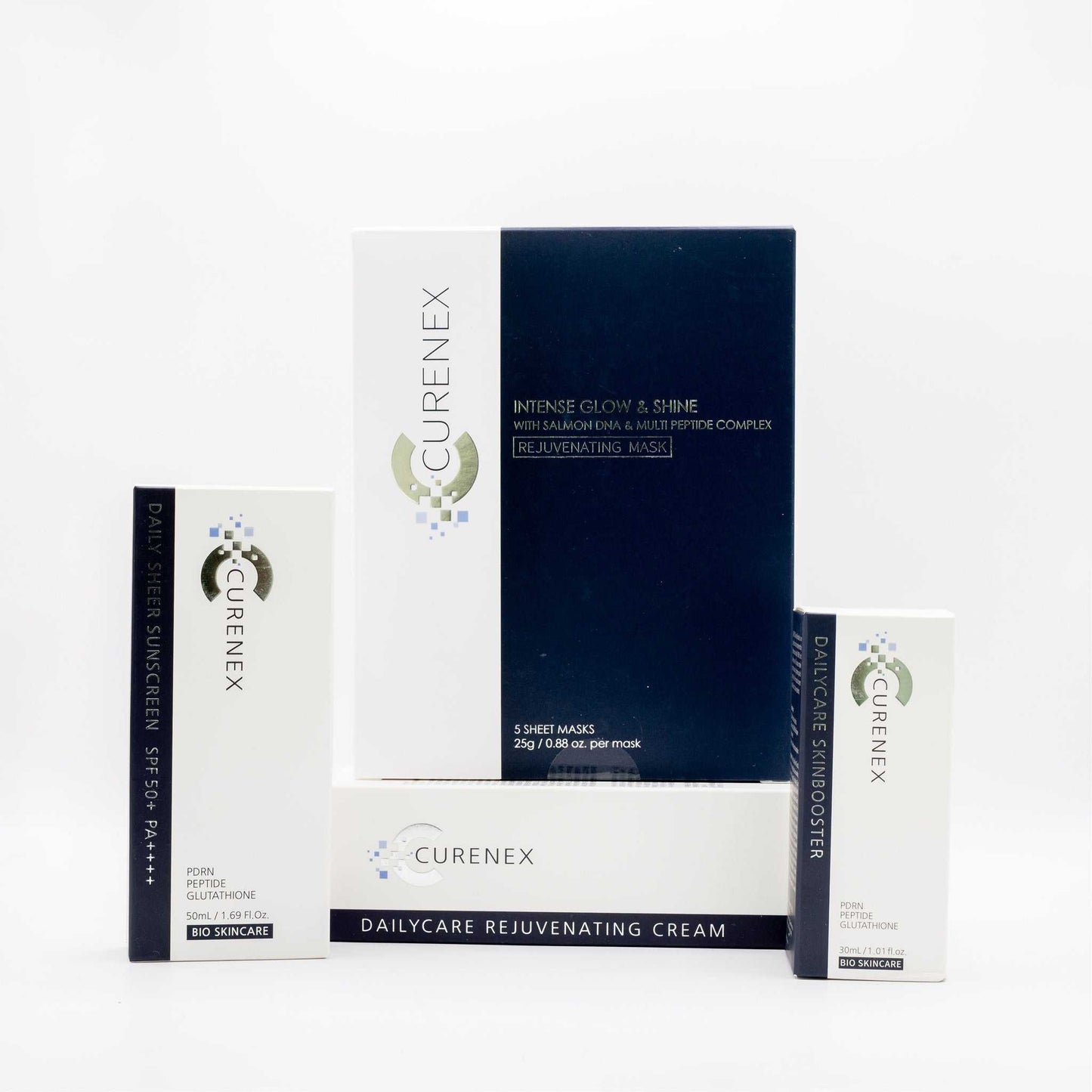 Curenex Salmon DNA Serum daily skinbooster in sleek white and navy packaging for hydration and skin rejuvenation