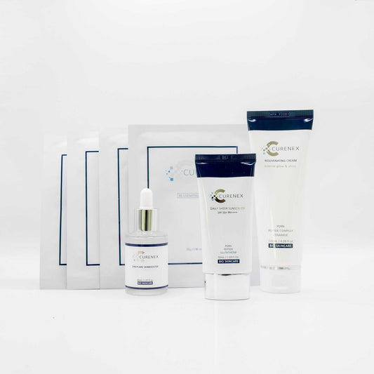 Curenex Salmon DNA daily skincare bundle with masks, serum, moisturizer, and sunscreen