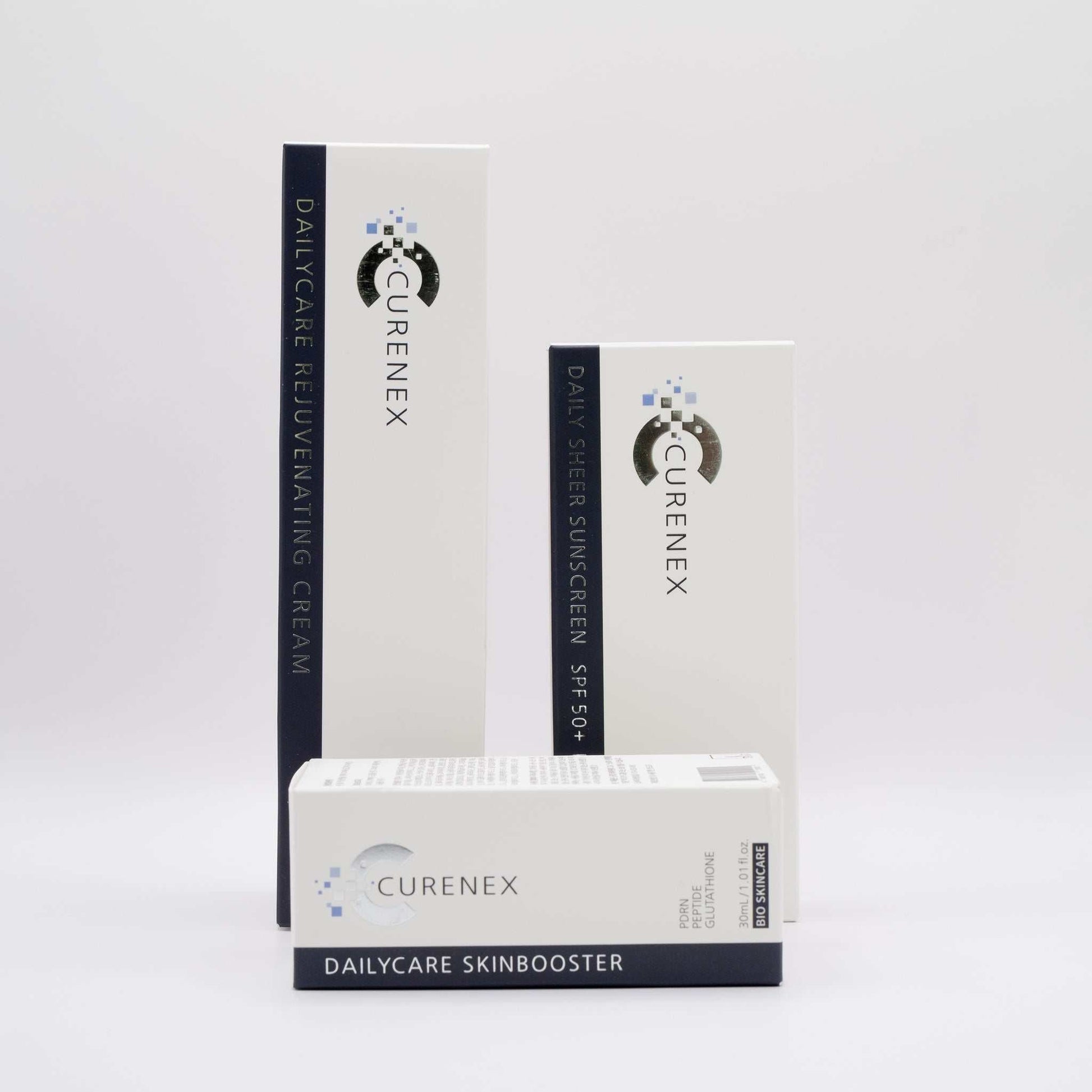 Curenex Salmon DNA Daily Skincare Bundle with revitalizing cream, serum, and SPF 50+ sunscreen packaging