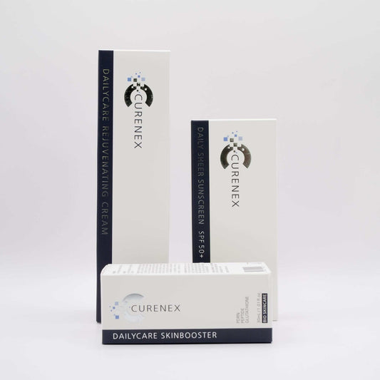 Curenex Salmon DNA Daily Skincare Bundle with revitalizing cream, serum, and SPF 50+ sunscreen packaging