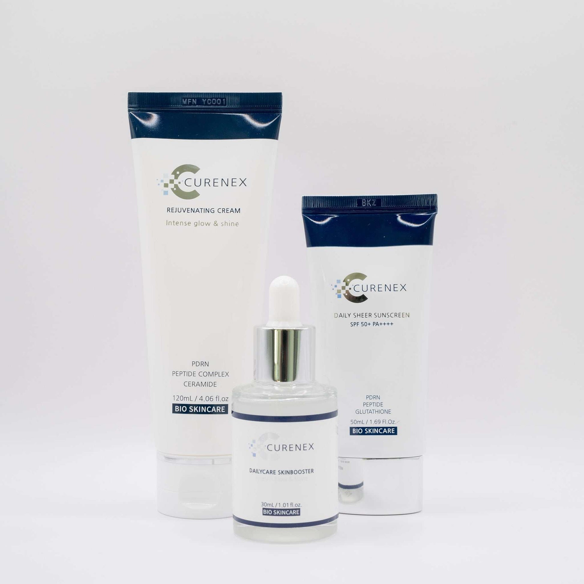 Curenex Salmon DNA skincare bundle with revitalizing cream, glow serum, and daily sunscreen SPF 50+