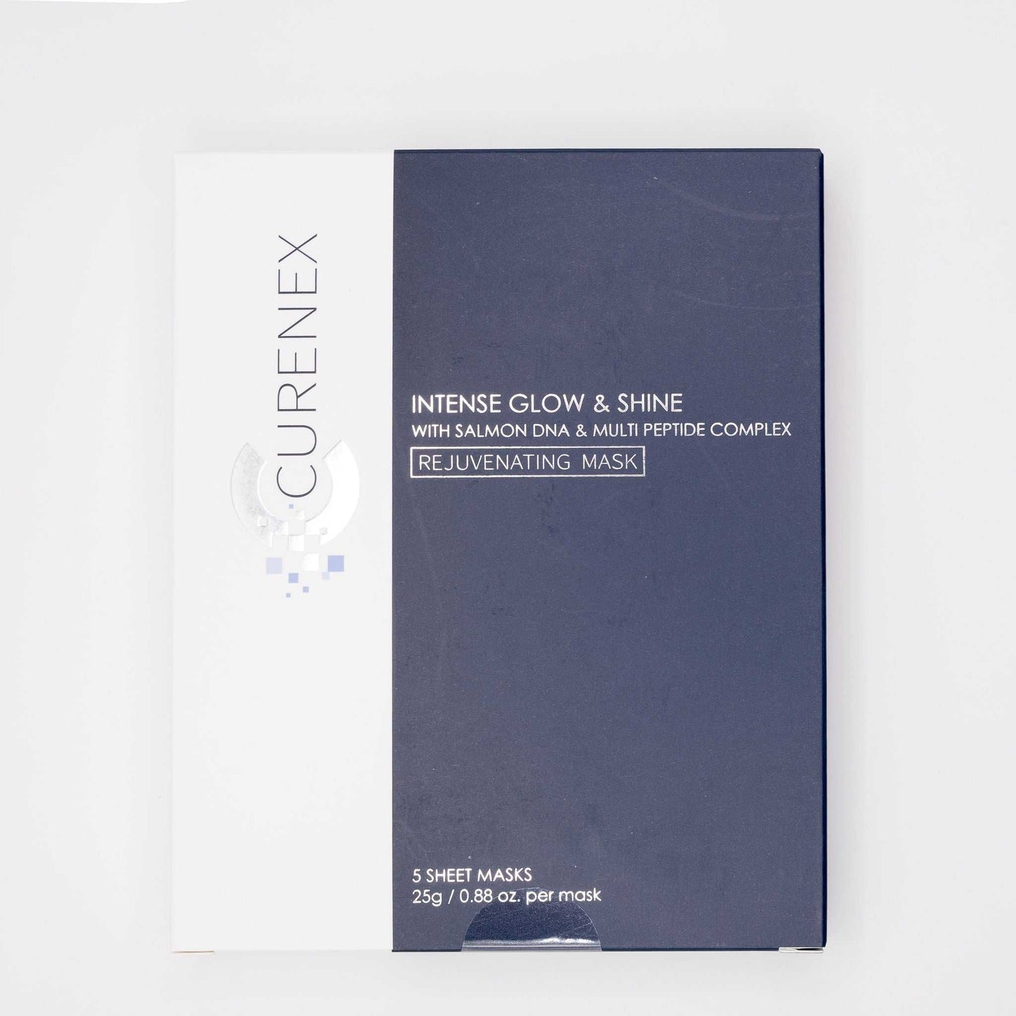 Curenex Intense Glow & Shine Rejuvenating Mask box with salmon DNA and peptide complex, 5 sheet masks for skincare treatment